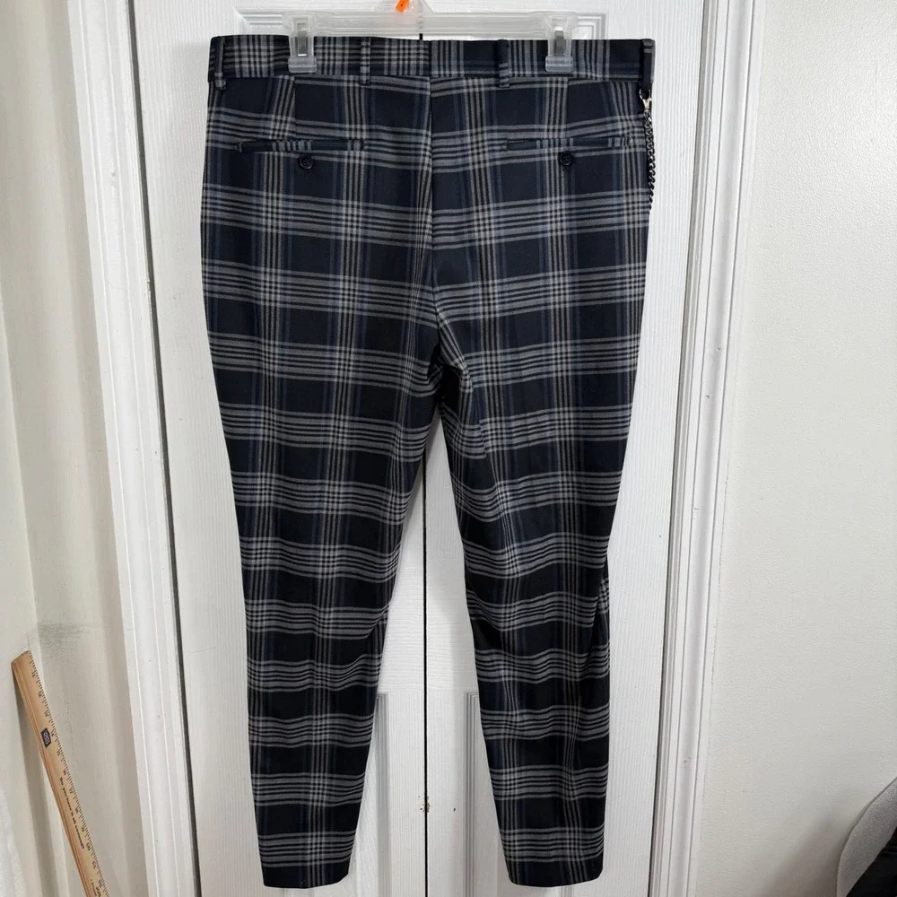 Mens 36 Plaid Chain Trousers Navy Gray Punk Goth Dark Academia Y2K Pants 36x29